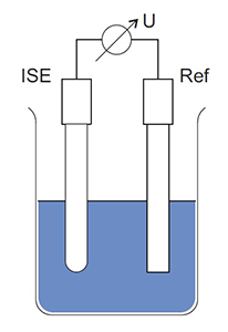 ISE Measuring System Showing Reference Electrode and Voltmeter